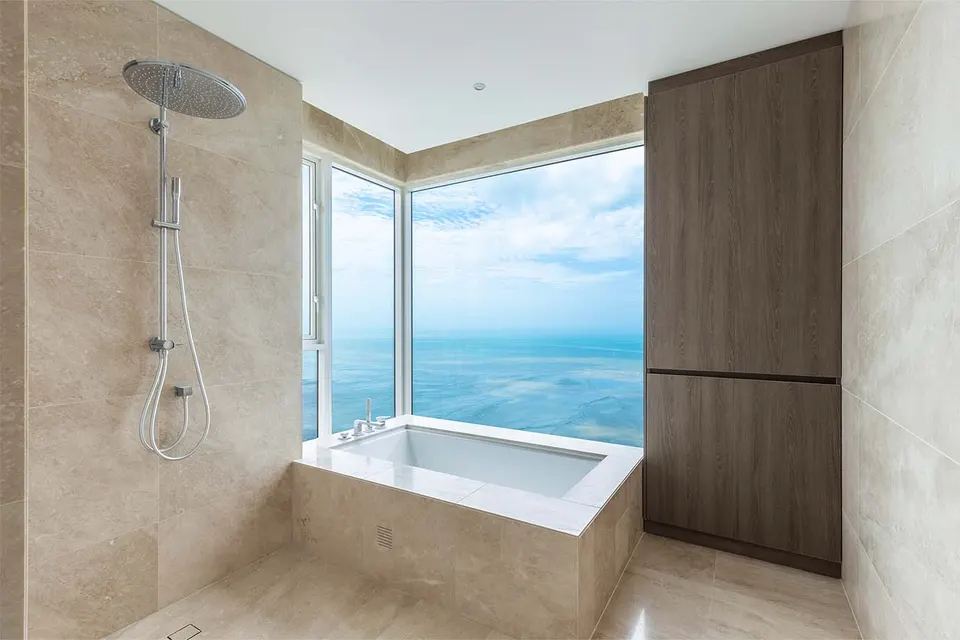 Main bath · shower and tub with sea view